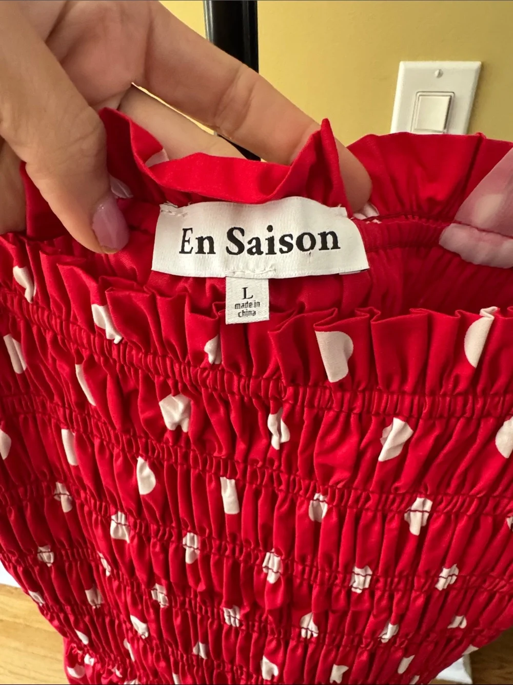 NWOT En Saison Red Polka Dot Midi Dress with White Ties - Picture 4 of 8